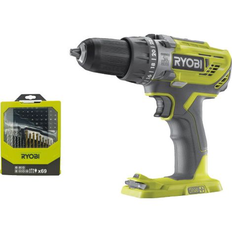 Pack RYOBI - Perceuse à percussion R18PD3-0 - 18V One+ sans batterie ni chargeur - Coffret 69 accessoires mixtes pour perçage et vissage RAK69MIX (1/5)