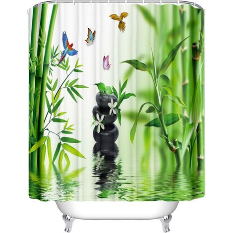Rideau de douche - Zen - Bambous Fleurs Pierres - 180x200cm - Imperméable - Lavable en machine