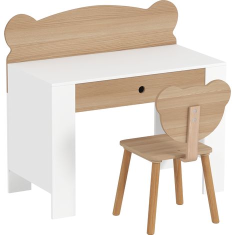 Ensemble enfant bureau et chaise avec tiroir, grand plateau 80x41x74,5 cm, bois naturel, espace étude pour chambre (1/5)
