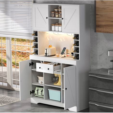 Buffet de cuisine haut avec porte-verres, tiroir, LED et prises, 105 x 39 x 180 cm, blanc (1/5)