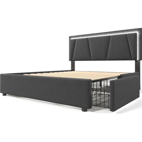 Letto contenitore imbottito 140x200 cm con LED, 4 cassetti, testiera regolabile e materasso grigio (1/5)