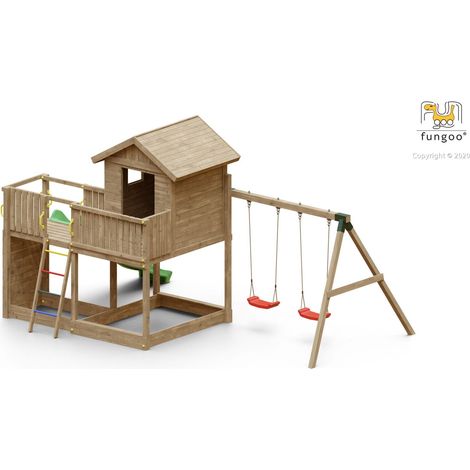 Aire de jeux FUNGOO GALAXY L – Double plateforme avec mur d'escalade, toboggan vert 2,2m, balançoire 2 sièges – Sécurité ancrage bois autoclave
