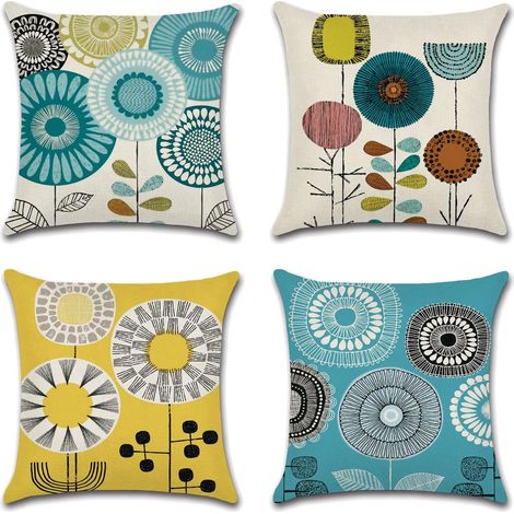 CCYKXA Housse de Coussin 45x45 Fleurs Décoratif Housses Coussins pour Canapé Salon Lit Extérieur Lot de 4 Jaune Moutarde Géométrique Imprimé Taie d'oreiller en Lin Scandinave - Bleu Turquoise