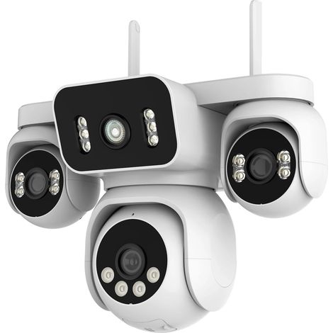 10K 20MP WiFi-Überwachungskamera, 4 Objektive, 4 Bildschirme, 360° PTZ, 16-facher Zoom, wasserdicht, Heimüberwachung, Videoüberwachung im Freien (UK PlugWiFi CAM ADD 64G)