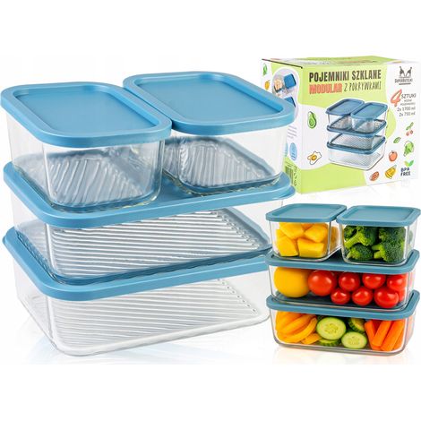 Modulare Glasbehälter (4 Stück) - 2 x 750 ml + 2 x 1700 ml mit blauen Kunststoffdeckeln