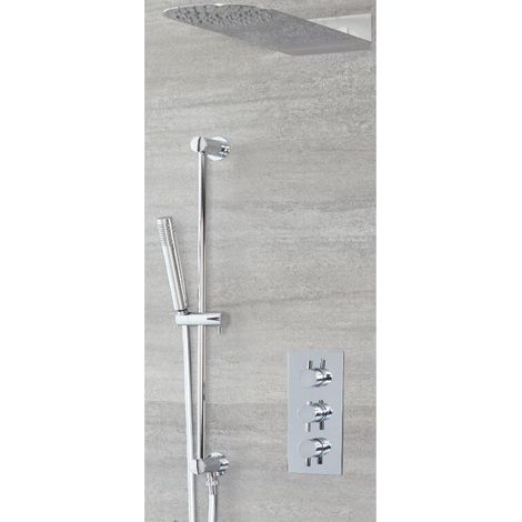Milano Mirage 2 Outlet Triple Thermostatic Mixer Shower Valve with Wall Mounted 200mm x 500mm Rainfall Shower Head and Hand Shower Handset Slide Rail Kit - Chrome (1/4)