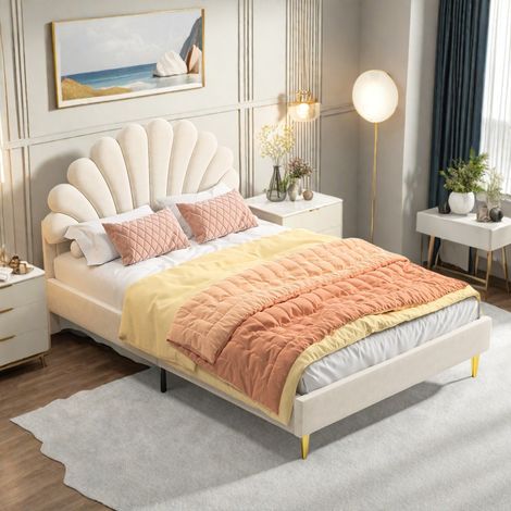 Letto 140 x 200 cm, letto matrimoniale 140 x 200, letto imbottito, testiera a forma di petalo, struttura letto, beige, velluto (1/5)