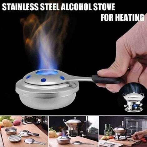 Réchaud alcool acier inoxydable argenté, adapté camping et réchauffage alimentaire (1/4)