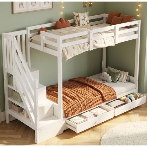 Bett multifunktional aus Massivholz Weiß 90x200 cm mit verstellbarem Sofa, Treppenschrank und 2 Schubladen