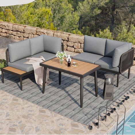 Muebles de jardín de acero galvanizado y olefina, esquina, gris, con mesa de madera plástica (1/5)