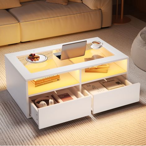 Couchtisch 100x50x35 cm Weiß mit LED, 2 Schubladen und Hartglasplatte, MEUBLIV (1/5)