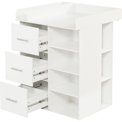 CAIziCommode à langer blanche, avec 3 tiroirs, grand espace de rangement avec rangement latéral, étagères réglables et espace à langer avec séparateurs