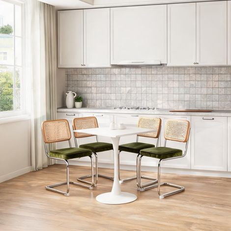 4 chaises de salle à manger modernes en velours vert et rotin (1/5)