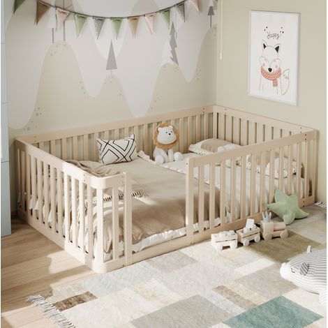 Cama infantil de pino macizo, color crema, 90x200 cm, con barandilla de seguridad. (1/5)