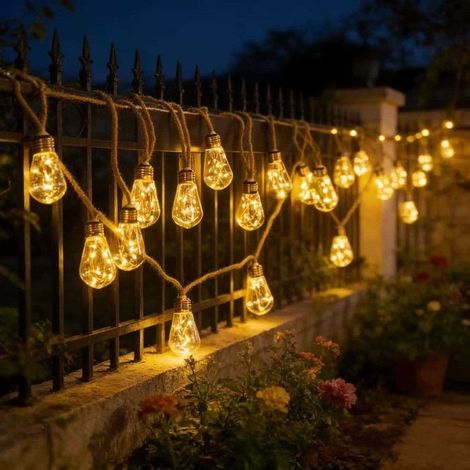 Guirlande Solaire Extérieur avec 15 Ampoules Imperméable,7.5M Guirlande Lumineuse Solaire Vintage avec Corde de Chanvre,Blanc Chaud (1/5)