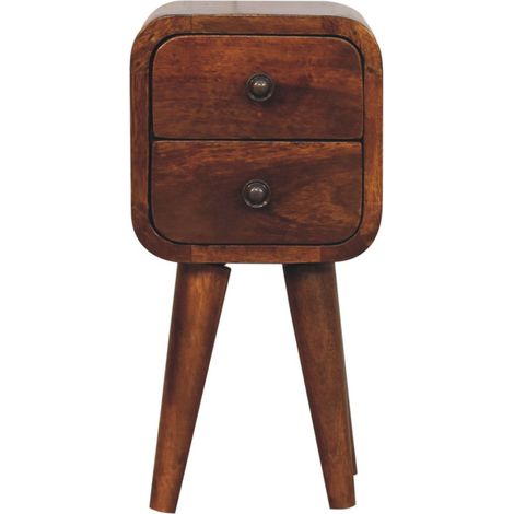 Table de chevet courbe Extra Mini en bois massif, châtaignier, 2 tiroirs pratiques, 4 pieds de style nordique (1/5)