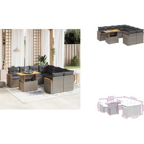 Salon de jardin 9 pcs avec coussins gris résine tressée - Ensemble Salon De Jardin - Meuble Extérieur - Résine Tressée - Rotin Synthétique - Table Extensible (1/3)