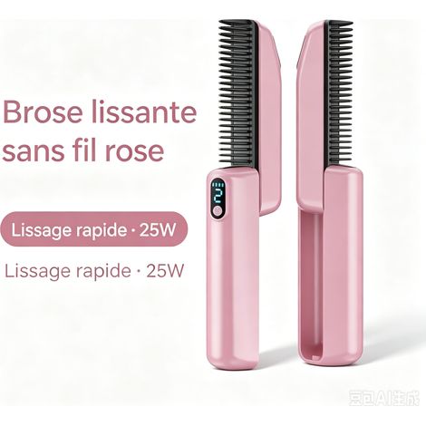 Mini Lisseur Cheveux Sans Fil, Fer à Boucler Portable, Brosse Lissante 2 en 1, Rechargeable, Rose (1/5)