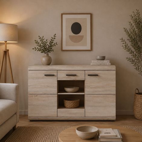 Credenza Hami, Schrank mit 3 Fächern, Türen öffnend, 3 Türen, 120x42x87h cm, Eiche Braun (1/3)