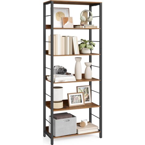 Étagère sur 6 Niveaux, Bibliothèque, Meuble de Rangement, 30 x 60 x 178 cm, avec Panneaux Arrière, Style Industriel, pour Salon, Étude, Bureau, Marron Rustique et Noir d'encre (1/5)