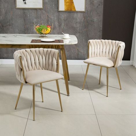 Lot de 2 chaises de salle à manger en velours, dossier tissé, coussins, pieds en métal doré (1/5)