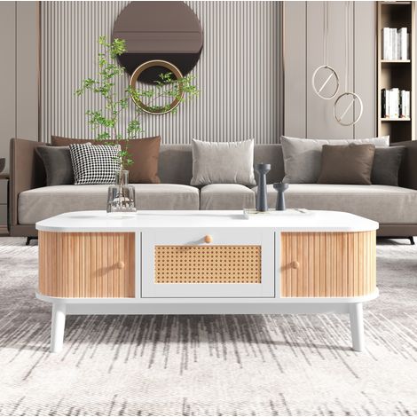 Tavolino da salotto in MDF bianco e legno, 110 cm, con cassetti in rattan e ante scorrevoli (1/5)