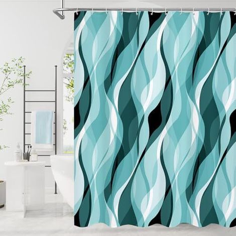 Rideau de Douche Anti Moisissure Abstrait Rayures Turquoise Rayé Rideaux de Baignoire Tissu Imperméable Lavable Polyester Rideaux Salle avec Crochets (1/5)
