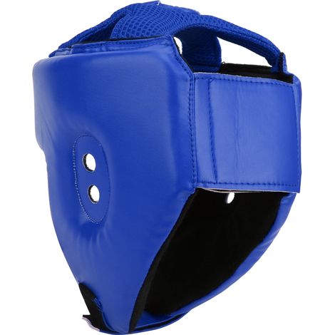 Casque de boxe en cuir PU, réglable, avec protection de tête, pour l'entraînement de kickboxing et de défense, bleu, taille S. (1/5)