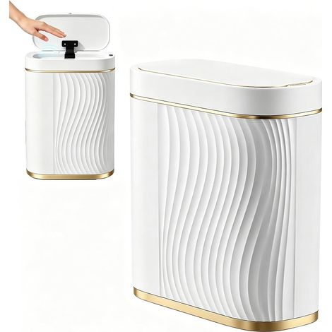 Poubelle automatique avec capteur, 8 l, étanche, fine, sans contact, petite poubelle électrique pour salle de bain, bureau, toilettes, cuisine, chambre à coucher (blanc) (1/5)