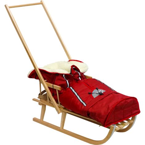 Trineo de madera para niños con respaldo, empujador y saco de dormir, madera maciza polaca. (1/3)