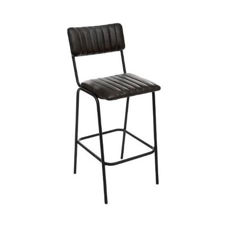 Atmosphera – Tabouret de bar en cuir pleine fleur noir – Structure en fer – Hauteur assise 73 cm – Repose-pieds H. 27 cm – Ambiance vintage (1/4)