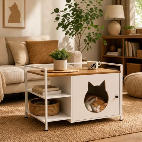 Mueble esconde-arenero para gato con 2 estantes, mesa auxiliar blanco y roble claro DESVIAE (1/5)