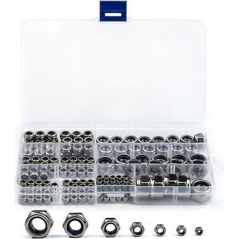 304 Stainless Steel Hex Nuts – Pack of 170 (M3 to M12), Integrated Locks, Silver Finish