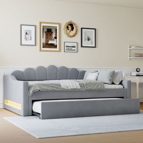 lit gigogne adulte 140x200, économie d'espace canapé gigogne, couchage d'appoint, LED multicolore, tissu lin (1/5)