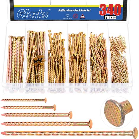 340pcs 40/60/80/100/150mm Kit d'ongles de pont de clôture, ongle de pont de tige en spirale en acier au carbone, ongles tordus galvanisés (1/5)