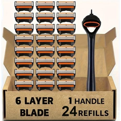 rasoir electriques hommes-Acier Inoxydable Rasoir Lame 6 Couches – Couteaux Supérieurs Sensible Zone (1 porte-lame orange balle plastique + 24 embouts lame orange soudés points) (1/4)