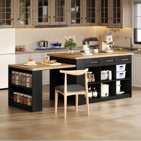 Îlot de cuisine multifonction 150 cm avec table escamotable, rangements intégrés, finition naturelle et noire (1/5)
