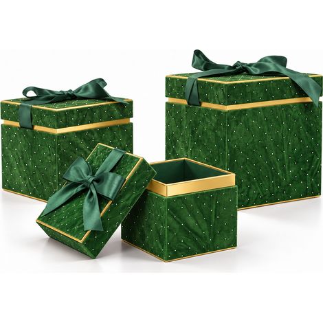 Set 3 Scatole Quadrate Decorazione Natalizia Verde 16/20/25cm Scatola con Fiocco (1/5)