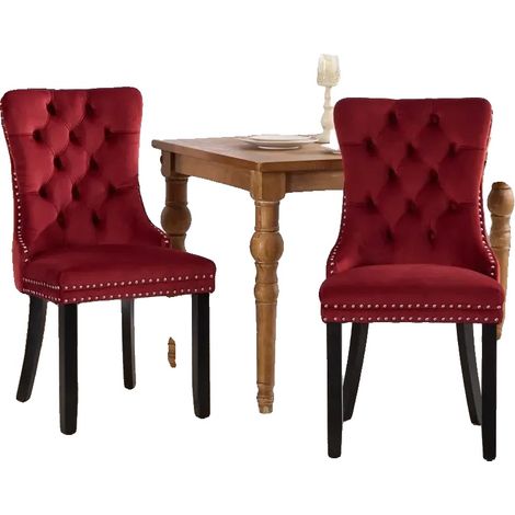 Chaise de salle à manger, Tissu en velours, Pieds en bois massif, CQY-rouge vin (1/2)