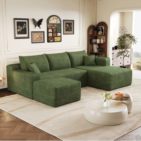 Canape d'angle modulable vert en tissu effet velours cotele, sans montage, style minimaliste,241x151x58 cm (1/5)