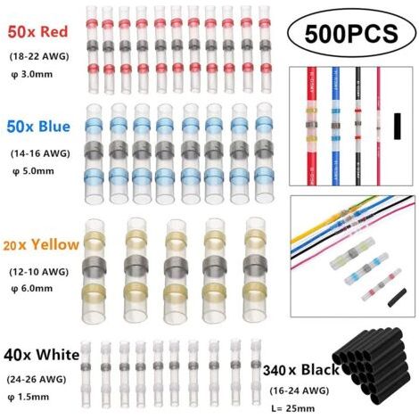 500Pcs Joint de Soudure Connecteur de Fil-Connecteurs Bout à Bout à Souder par Rétrécissement-Kits de Connecteurs à Souder-Bornes de fil Étanches Isolées pour Automobiles et Navires