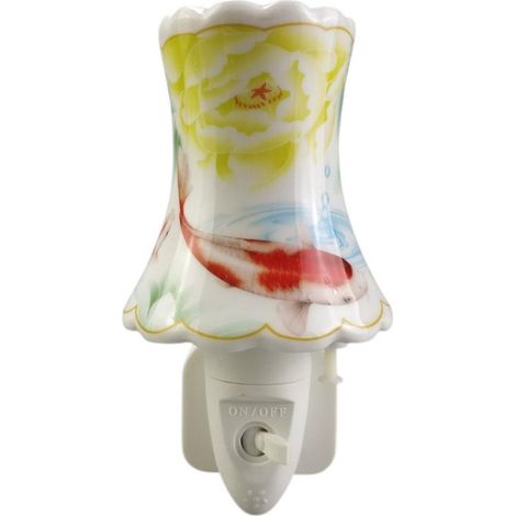 Floral Nightlight with Red & White Koi Fish and Yellow Blossom Pattern with Yellow Trim - L8 x W8 x H13 cm