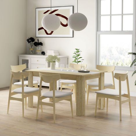 Esstisch für 6 Personen aus naturfarbenem und weißem Holz, Maße 140 x 90 x 75 cm (L x B x H).