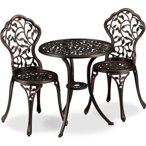 Relaxdays Mobili da Balcone, Set da 3, Tavolino con 2 Sedie, Decorativi, Alluminio, da Bistrot, HxD: 65x60 cm, Bronzo (1/5)