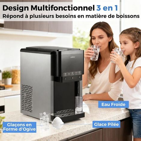 Distributeur d'eau 3 en 1 avec machine à glaçons et à glace pilée, fontaine à eau de comptoir d'une capacité de 20 kg, noir