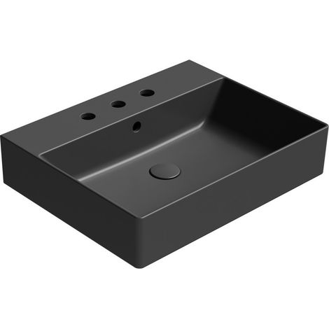 Lavabo en céramique KUBE X 60x47cm, 3 trous de robinetterie, noir mat (1/4)