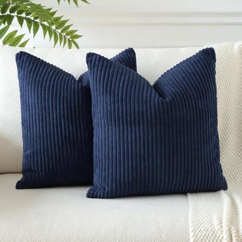 Housses de Coussins en Velours Côtelé Décoratif Canapé Taie d'oreiller Doux Decoration 45x45cm,Lot de 2 (Bleu Marine) (1/4)