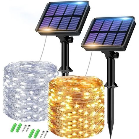 Solar Lichterkette Aussen, 2x8M 80 LED Solarlichterkette Außen Wetterfest 8 Modi IP65 Wasserdicht Kupferdraht Lichterkette Außen Solar Outdoor für Garten Baum Hof Party (Warmweiß+Kaltweiß) (1/5)