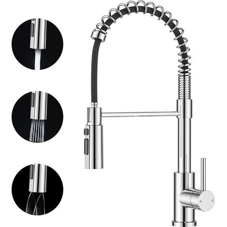 Robinet Cuisine, Robinet Evier Extensible, Mitigeur Cuisine à Poignée Unique avec 3 Modes, Robinet D'évier à Ressort Rotatif à 360°, Chrome Poli (1/5)