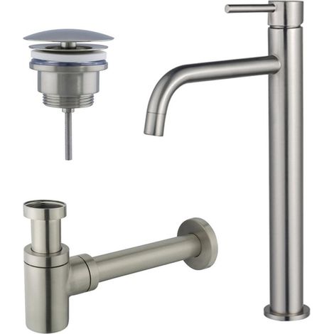 FugaFlow Eccelente Sobrado Slim Slim Kit mitigeur lavabo - robinet rehaussé - bonde non-obturable - siphon design bas - PVD Inox brossé (1/4)
